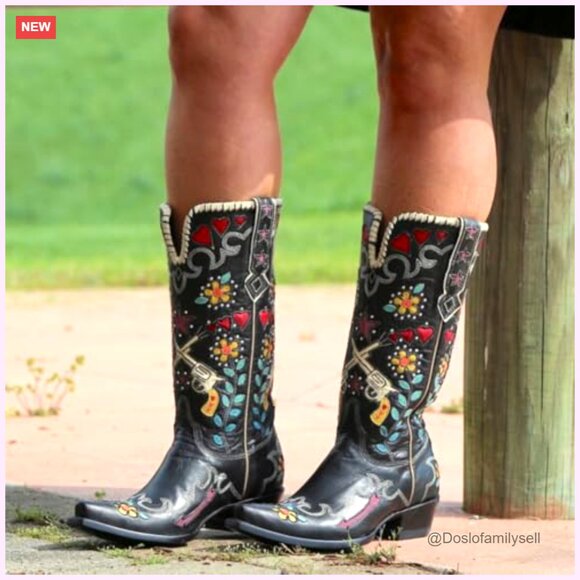 Women's Embroidered Western Knee High Boots, Chunky Low Heel, Wide Calf - Picture 4 of 7